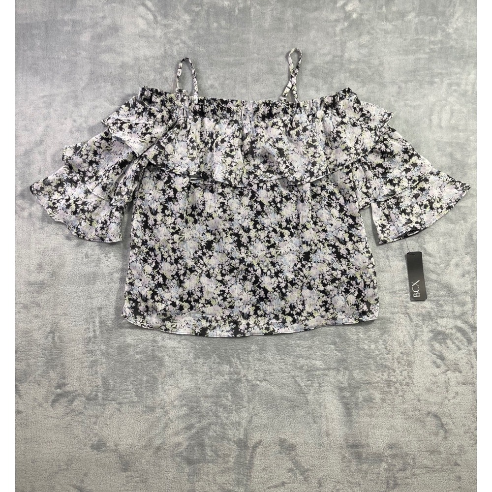 BCX Floral Cold Shoulder Ruffle Sleeve Blouse Black Lavender Medium NWT